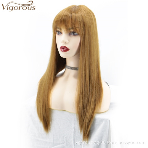 Vigorous Long Straight Brown Synthetic Fiber no lace full Wig black Women cheap fashion extansions Hair Wigs with bangs cosplay